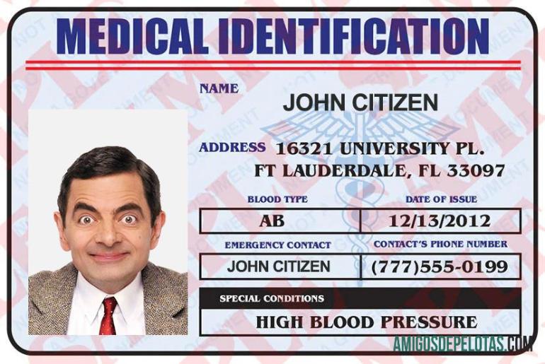 Cartão de identificação médica dos EUA modelo